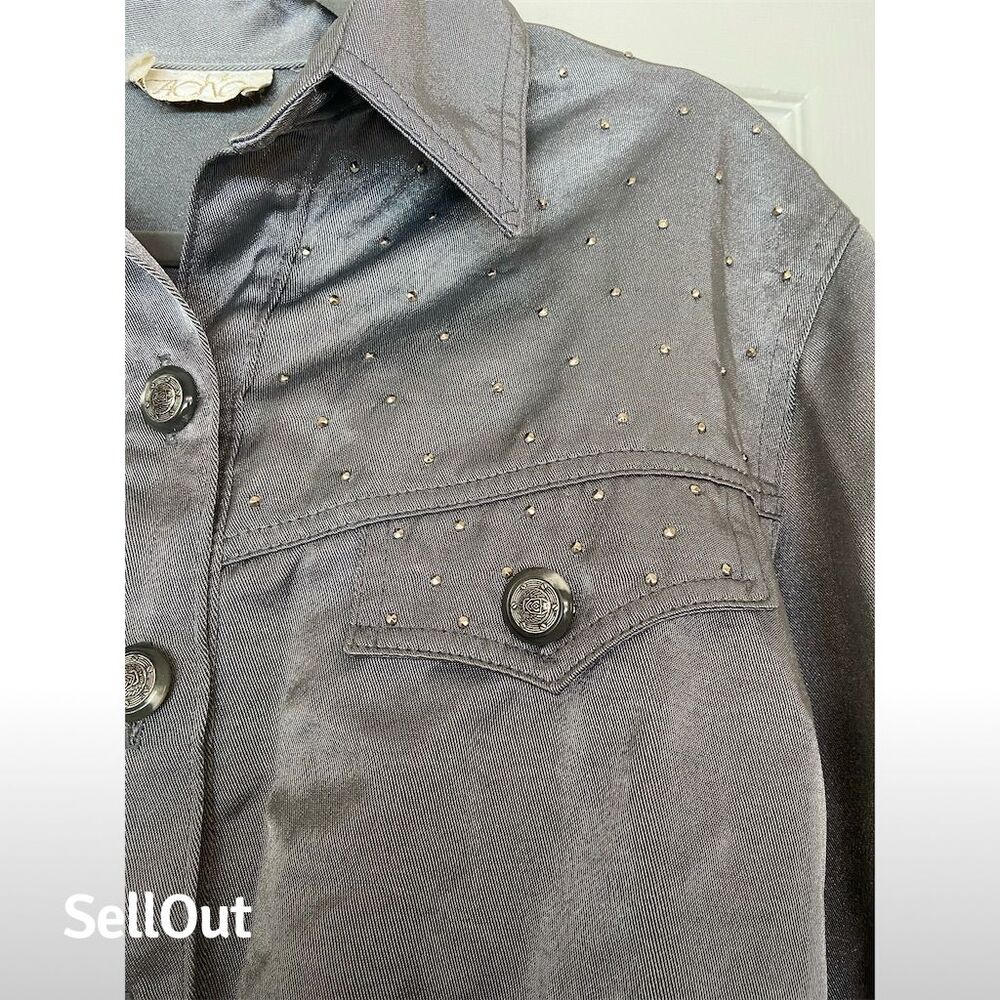 Cache Women's Silver Rhinestone Denim Style Jacket Party/Cocktail - Picture 3 of 5